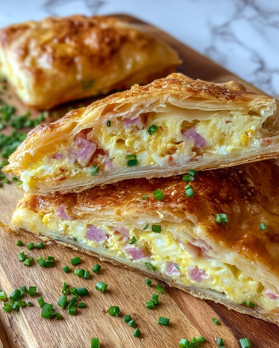 The image shows a close-up of a flaky, golden brown pastry cut in half, exposing a soft, creamy scrambled egg filling mixed with small pieces of ham and green onion slices inside. The pastry has multiple flaky layers, light yellow inside and browned on top, with a shiny crisp texture. It is placed on a wooden board with some chopped green onions scattered nearby, set against a soft-focused white marbled background. photo taken with an iphone --ar 4:5 --v 7