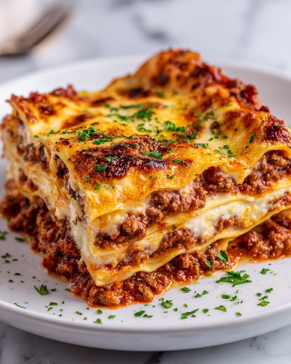 A close-up view of a thick slice of lasagna on a white plate, showing four visible layers of wide pasta sheets alternating with rich, chunky meat sauce that is deep reddish-brown with bits of ground meat. Between the meat layers, there is a creamy white cheese layer with a smooth texture. The top layer is a golden-brown melted cheese crust with small browned spots and sprinkled with finely chopped green herbs. The white plate rests on a white marbled surface with some scattered green herb bits around the lasagna. photo taken with an iphone --ar 4:5 --v 7