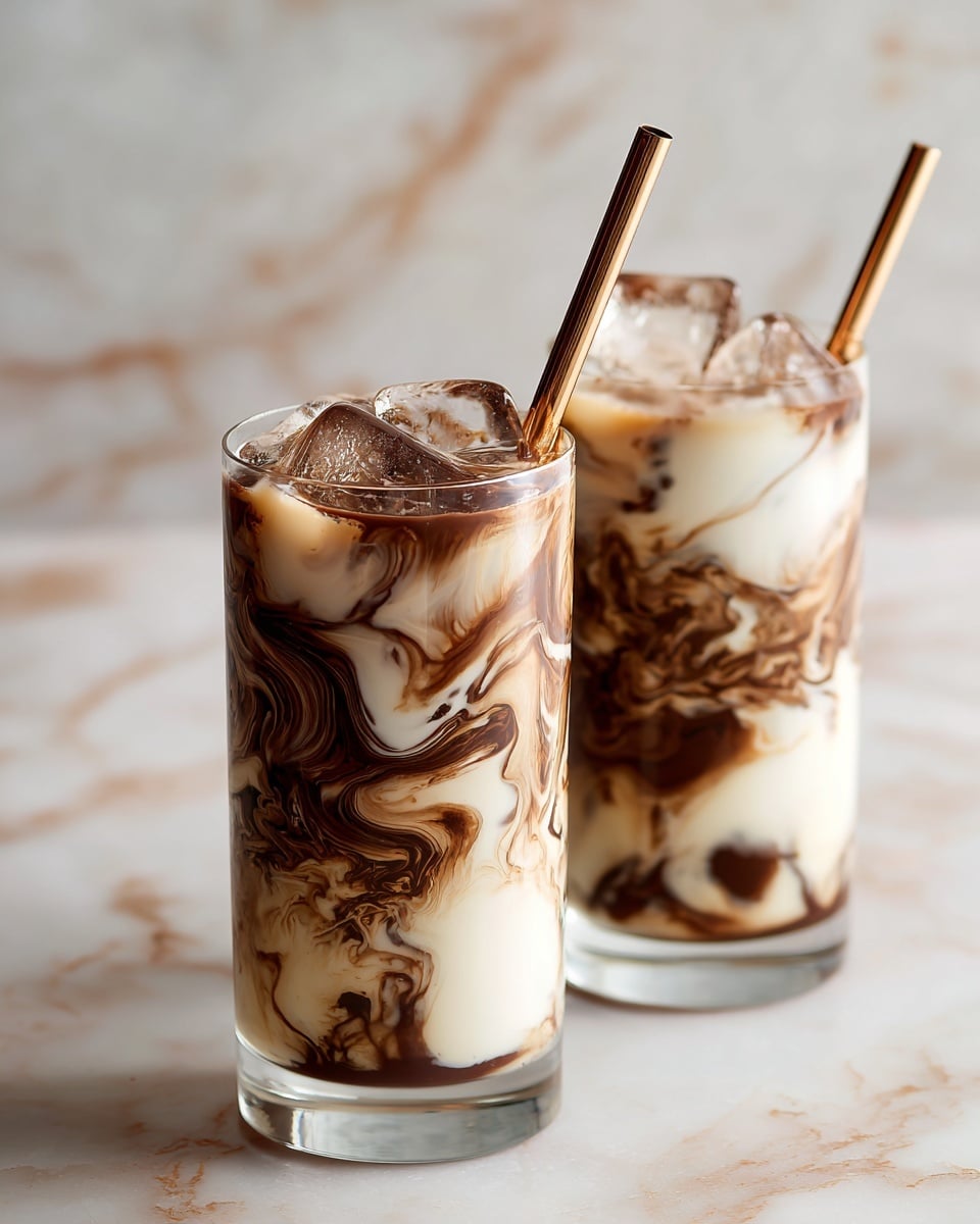 Two clear glasses sit on a white marbled surface, each filled with a mix of creamy white and dark brown swirls that create a marbled effect inside. The drinks have large ice cubes floating near the top, partially covered by the swirling layers of cream and coffee or chocolate sauce. Each glass has a golden metal straw standing upright from the center. The lighting highlights the glossy texture of the liquid and ice, giving the drinks a rich and inviting look. photo taken with an iphone --ar 4:5 --v 7