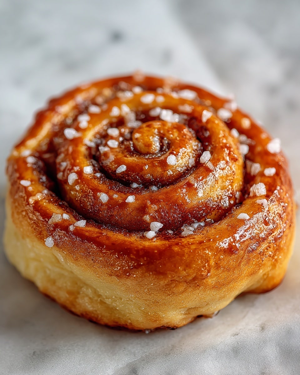 A close-up view of a cinnamon roll shows a thick, soft dough twisted into a spiral of three visible layers. The outer layer is light golden brown with a slightly crispy edge, while the inner layers reveal a rich brown cinnamon sugar filling that glistens with melted butter and sugar crystals. Small granules of flaky salt sit on top of the cinnamon sugar, adding texture and shine. The roll is set on a white marbled surface, emphasizing the warm, inviting colors of the pastry. Photo taken with an iphone --ar 4:5 --v 7
