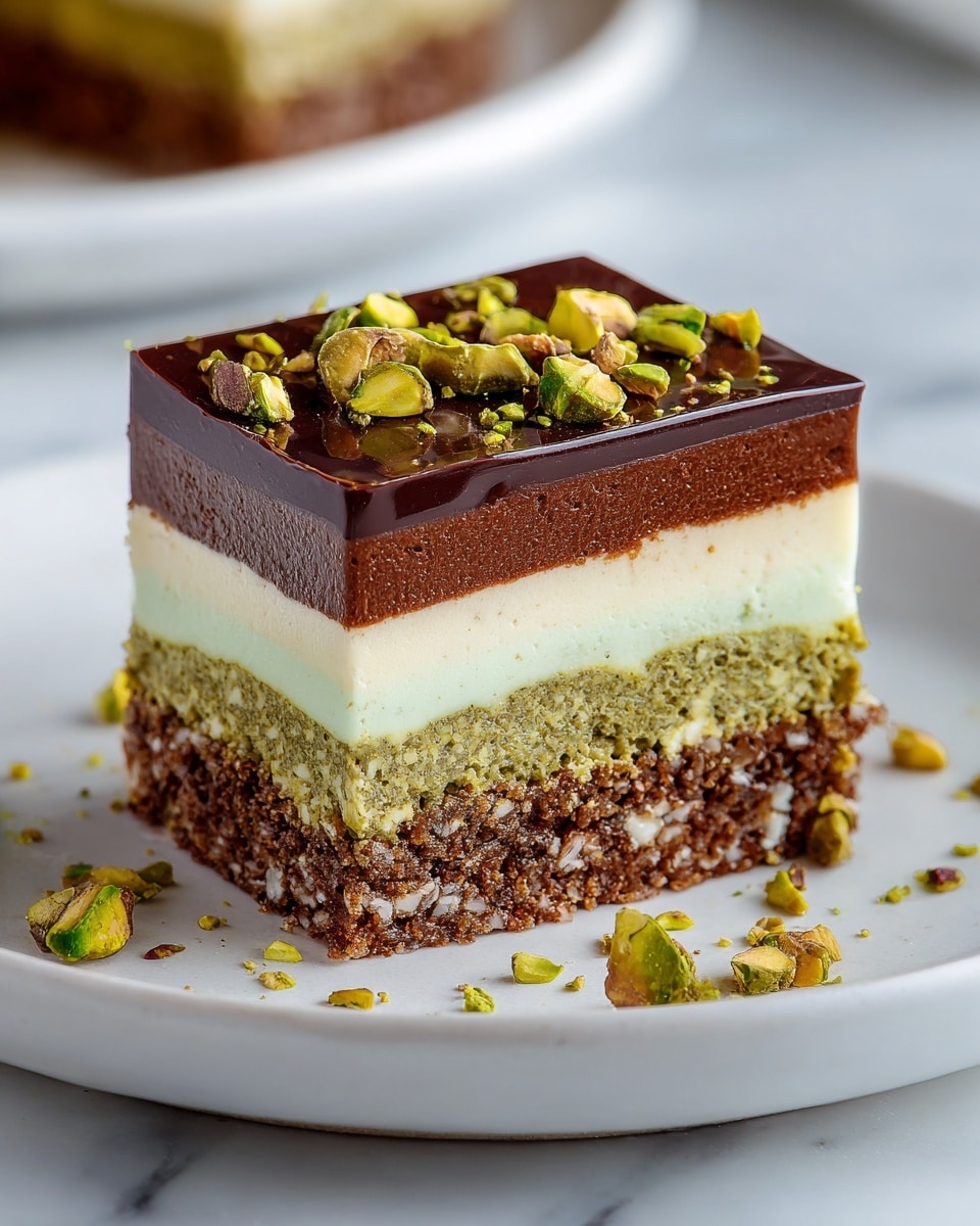 A slice of pie with three clear layers sits on a white plate with small crushed green and orange nuts scattered around. The bottom layer is a thin, crumbly brown crust. The middle layer is thick and yellow-green with a dense, textured look. The top layer is smooth and shiny dark brown, like chocolate, and is sprinkled with chopped green nuts. In the blurry background, more pie pieces and a white pan with yellow edges are visible on a white marbled surface. photo taken with an iphone --ar 4:5 --v 7