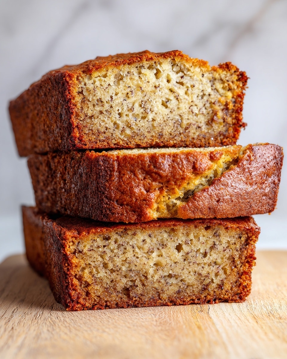 A close-up view of three stacked slices of banana bread placed on a light wooden surface, each slice showing a moist, dense texture with small air pockets and light brown color inside, while the crust is darker brown and slightly crispy, with small cracks. The background is a smooth white marbled texture, making the rich tones of the bread stand out. photo taken with an iphone --ar 4:5 --v 7