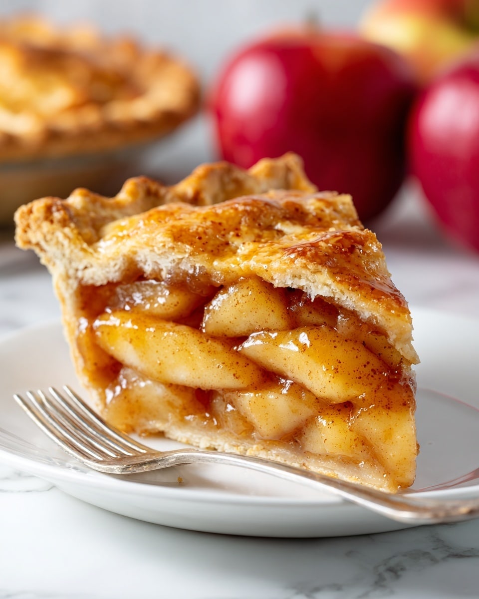 A close-up view of a slice of apple pie on a white plate showing three main layers: the top layer is a golden brown, flaky crust with a slightly rough and crumbly texture; underneath is a thick layer of glossy, cinnamon-spiced apple slices that are soft and coated in syrup, with a warm caramel color; the bottom crust is a pale, firm pastry holding the apple filling in place. The edges of the crust are slightly crimped, and a silver fork rests beside the slice on the white plate, all set against a white marbled surface. photo taken with an iphone --ar 4:5 --v 7