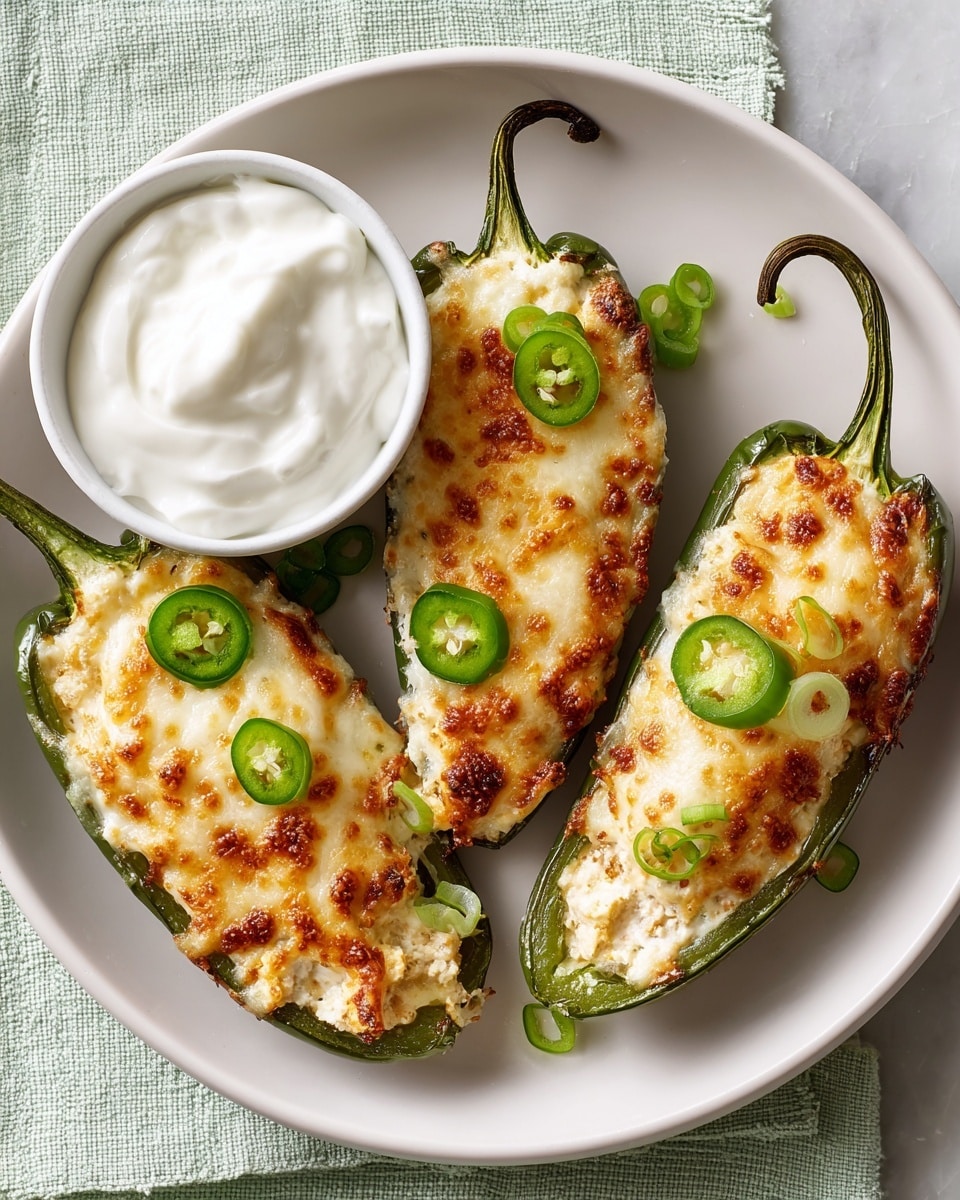 Three jalapeño peppers are cut in half lengthwise and filled with a creamy, slightly browned cheese mixture that has a golden and bubbly top layer, placed on a white plate. The peppers are dark green and slightly roasted, with the cheese filling having a light golden crust with some darker brown spots. On the side, there is a small glass bowl filled with white sour cream. The plate is set on a soft gray cloth with a white marbled background. Photo taken with an iphone --ar 4:5 --v 7