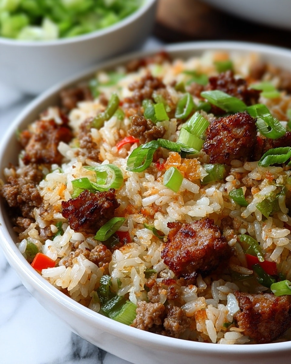 A close-up view of a white bowl filled with mixed fried rice showing three main layers: the base layer consists of long white rice grains, the middle layer has browned, slightly crispy chunks of cooked ground meat, and small diced green vegetables including celery; the top layer is garnished with chopped fresh green onions scattered evenly, adding bright green color and texture contrast. The bowl sits on a white marbled surface, with another white bowl blurred in the background. Photo taken with an iphone --ar 4:5 --v 7
