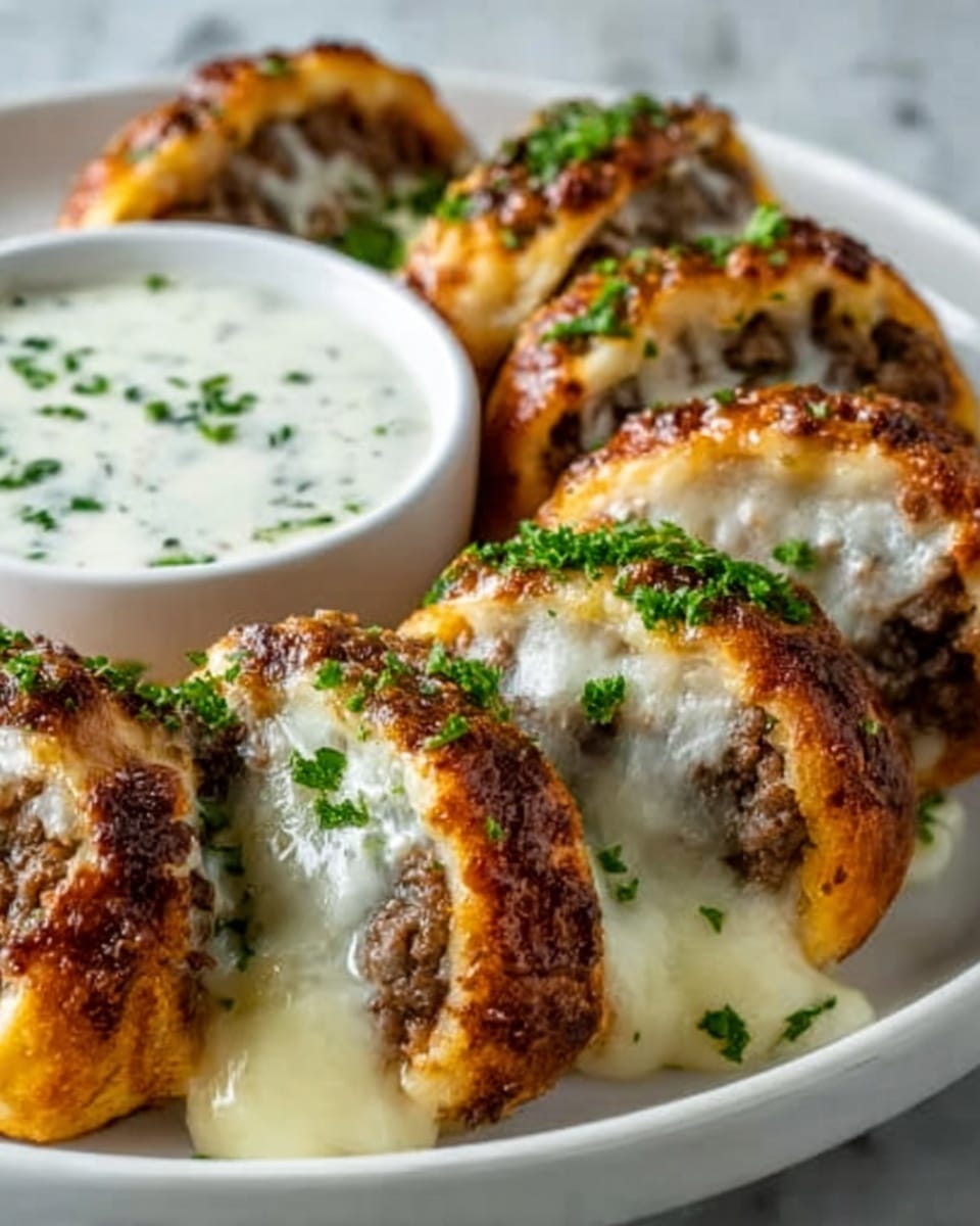 The dish shows a white plate with several stuffed rolls arranged in a curved line. Each roll has three main visible layers: a golden-brown outer dough layer that looks slightly crispy, a savory meat filling in the middle that's brown and crumbly, and melted white cheese oozing over and inside the rolls, giving a creamy texture. The rolls are sprinkled with fresh chopped green herbs on top for a pop of color. Next to the rolls is a small white bowl filled with a creamy white sauce, speckled with green herbs. The plate is set on a white marbled surface. Photo taken with an iphone --ar 4:5 --v 7