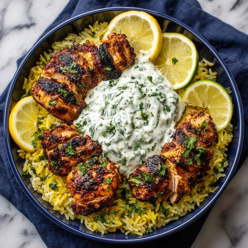 A bowl with a base layer of yellow spiced rice spread all over, topped with small grilled chicken pieces that have a golden brown color with charred marks. In the center, there is a creamy white sauce mixed with green herbs. Around the bowl, slices of lime and lemon add a fresh yellow and green color. Small bits of green herbs are scattered on the rice and chicken. The bowl is placed on a white marbled surface with a grey cloth nearby. Photo taken with an iphone --ar 4:5 --v 7