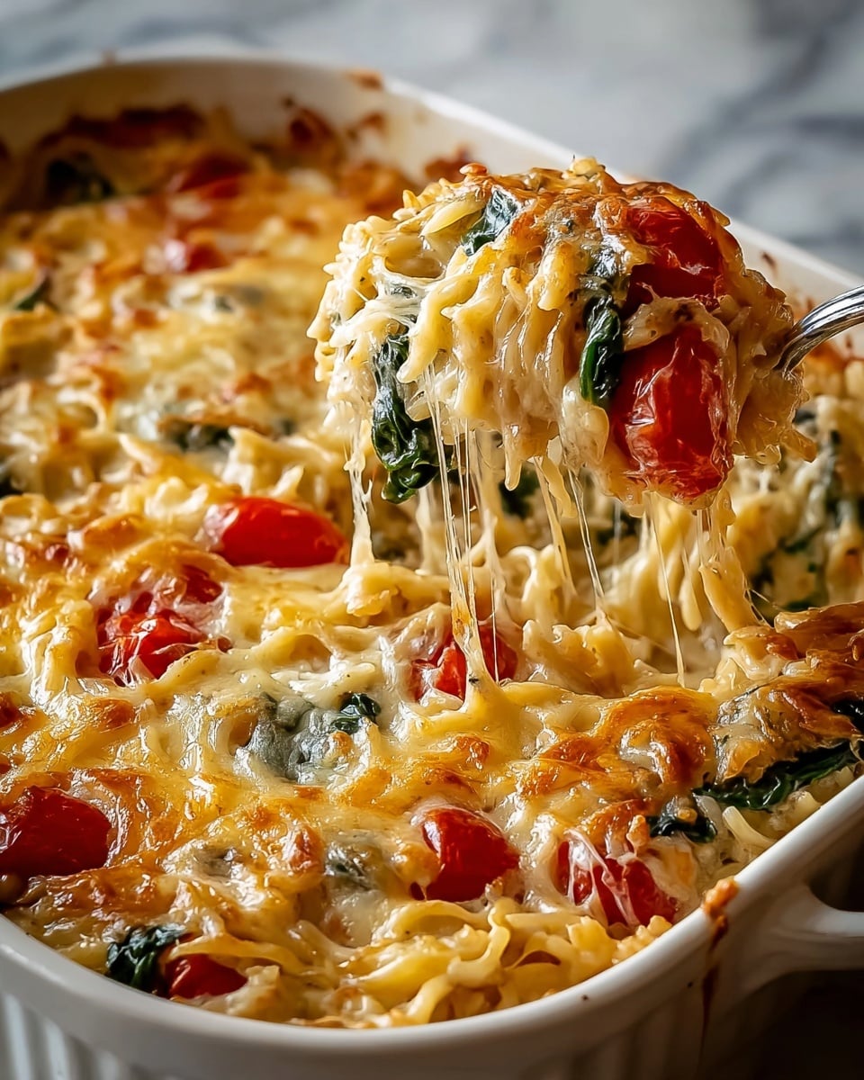 A close-up of a baked cheesy rice dish in a white rectangular dish, showing a thick top layer of golden-brown melted cheese with some crispy spots. Below the cheese, there are visible pieces of red cherry tomatoes and dark green spinach mixed throughout the creamy rice layers. The rice looks soft and coated in cheese sauce, with melted cheese strands stretching as a spoon scoops a portion from the dish. The dish is set on a white marbled surface. photo taken with an iphone --ar 4:5 --v 7