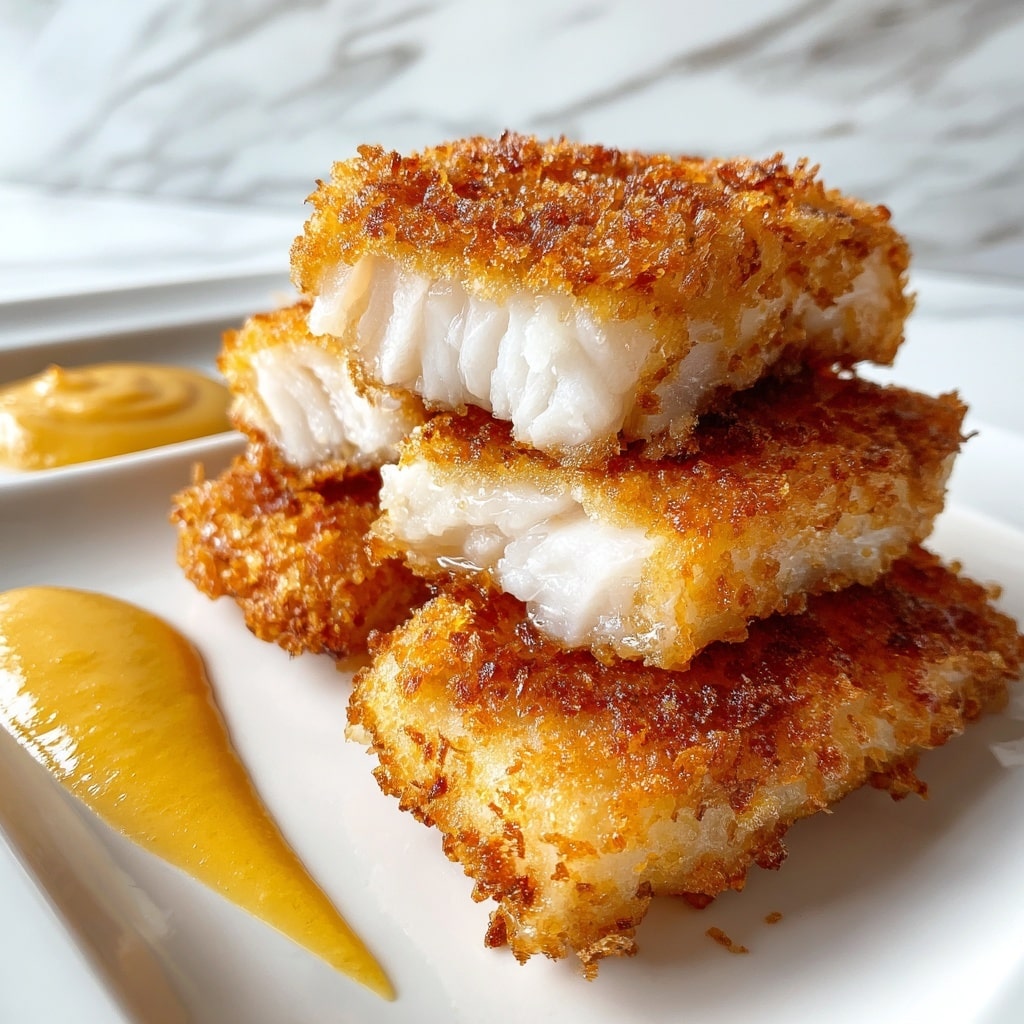 A close-up image of crispy golden brown fish fillets, one piece broken in half to show the soft white flaky inside. The fried coating is crunchy and uneven with small bits sticking out, covering each fillet completely. The fillets are placed on a white plate with a smooth texture, with a small white bowl filled with light brown dipping sauce next to them. The background is a white marbled surface, adding a clean and bright look to the scene. Photo taken with an iphone --ar 4:5 --v 7