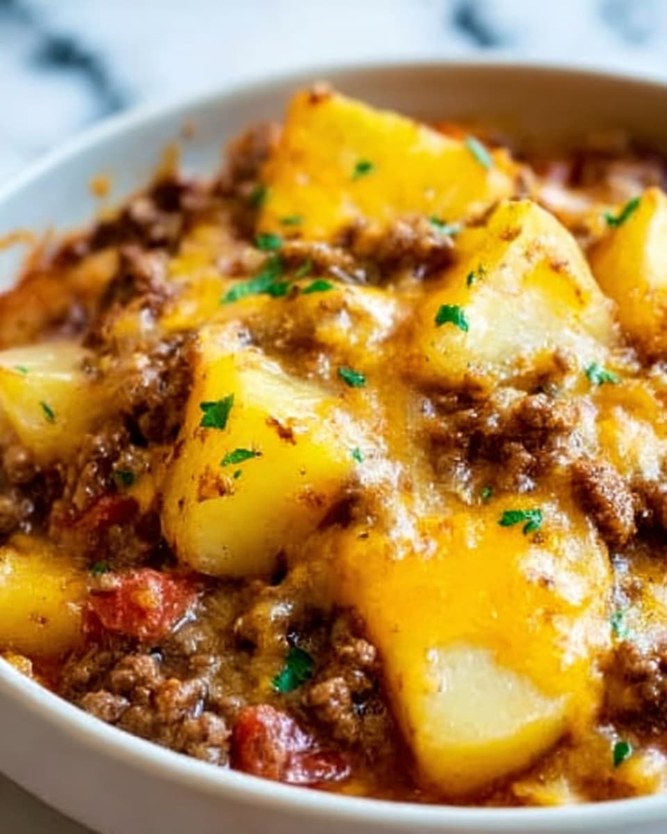 The image shows a close-up of a dish with soft, large potato pieces at the bottom, their light yellow color softened by a thick sauce. On top of the potatoes is a layer of cooked ground beef mixed with small bits of tomato and beans, giving a rich brown and reddish color with a hint of texture from the minced meat. Melted yellow cheese is draped unevenly over the beef, oozing into the sauce below. Fresh green parsley is sprinkled lightly on top, adding a touch of color contrast. The dish is set against a white marbled surface. Photo taken with an iPhone --ar 4:5 --v 7