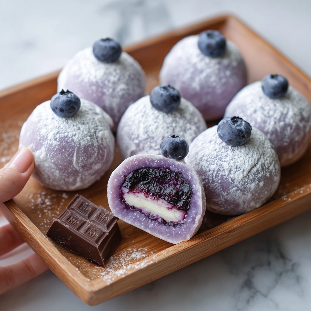 The image shows several round mochi with a shiny light purple outer layer dusted with white powdered sugar, sitting on a white wooden plate. Each mochi has a whole blueberry on top, adding a dark blue color contrast, and one mochi is cut open to reveal a dark purple, juicy blueberry filling with a small white creamy layer inside. In front of the mochi, two small pieces of dark chocolate rest on the plate. The background is a white marbled texture. Photo taken with an iphone --ar 4:5 --v 7
