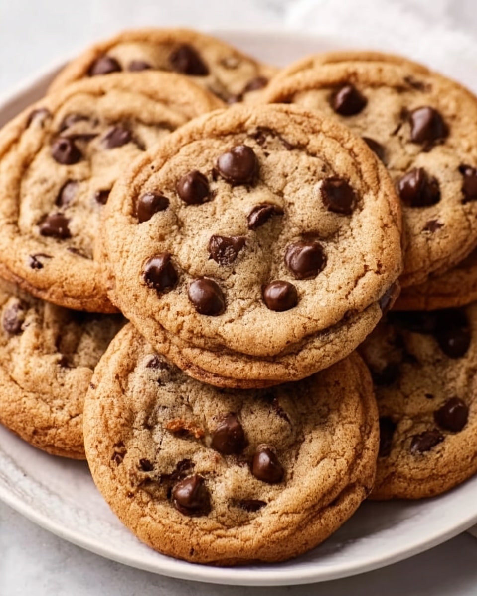 The image shows a close-up of several soft chocolate chip cookies stacked on a white plate, each cookie having a light golden brown color with slightly darker edges. The cookies appear thick with a textured surface full of melted and whole chocolate chips scattered evenly throughout, giving a mix of smooth and bumpy spots. The cookies are arranged in overlapping layers, highlighting their crumbly and chewy texture. The background is a white marbled surface. photo taken with an iphone --ar 4:5 --v 7