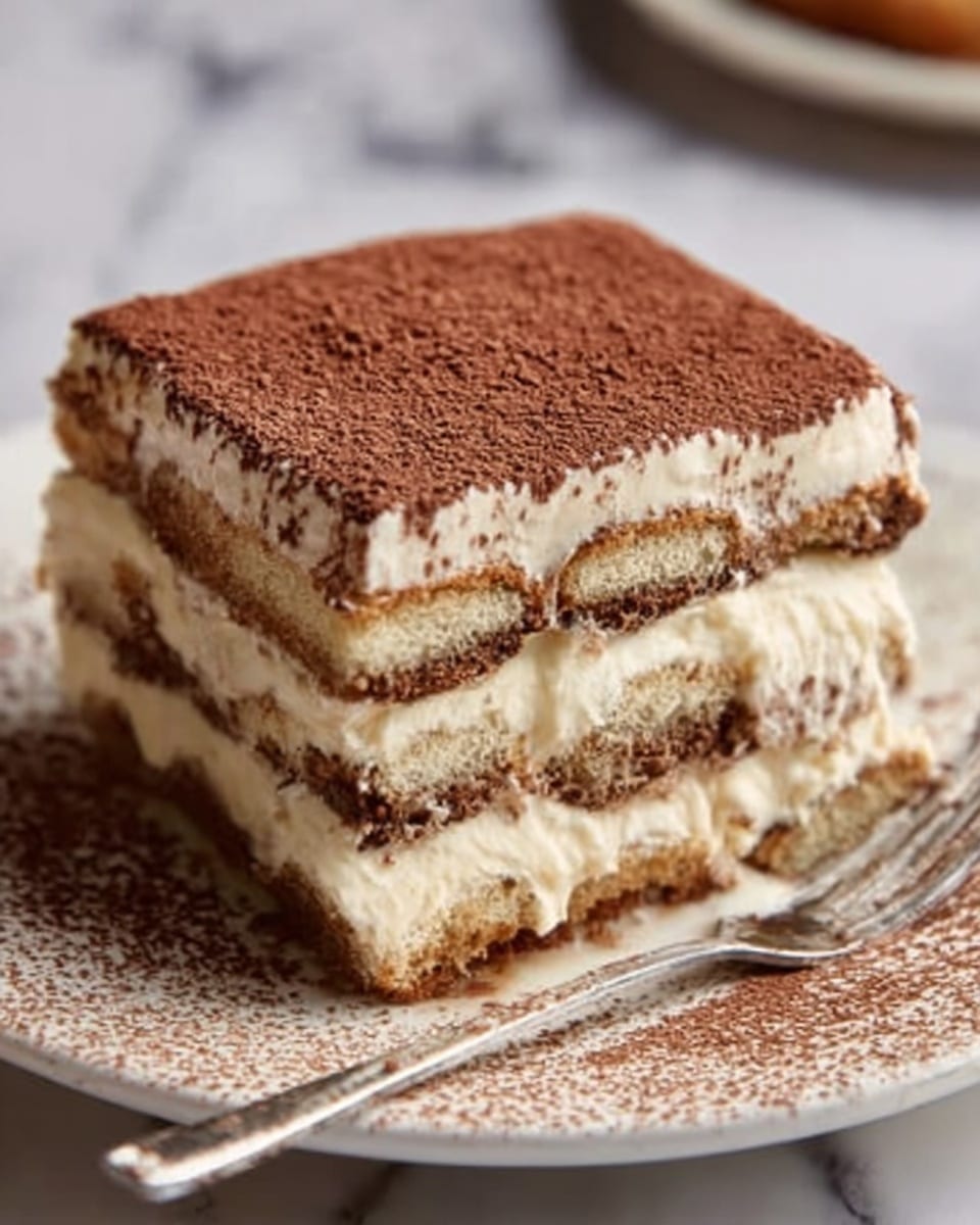 A slice of layered tiramisu on a white plate shows multiple layers of light cream and coffee-soaked cake, alternated evenly. The top layer is creamy with a thick dusting of dark cocoa powder, which also spills slightly onto the plate around the dessert. The cake layers look soft and moist with a light brown color, while the cream layers are smooth and pale. A silver fork rests next to the slice on the plate, and the surface beneath has a white marbled texture. Photo taken with an iphone --ar 4:5 --v 7