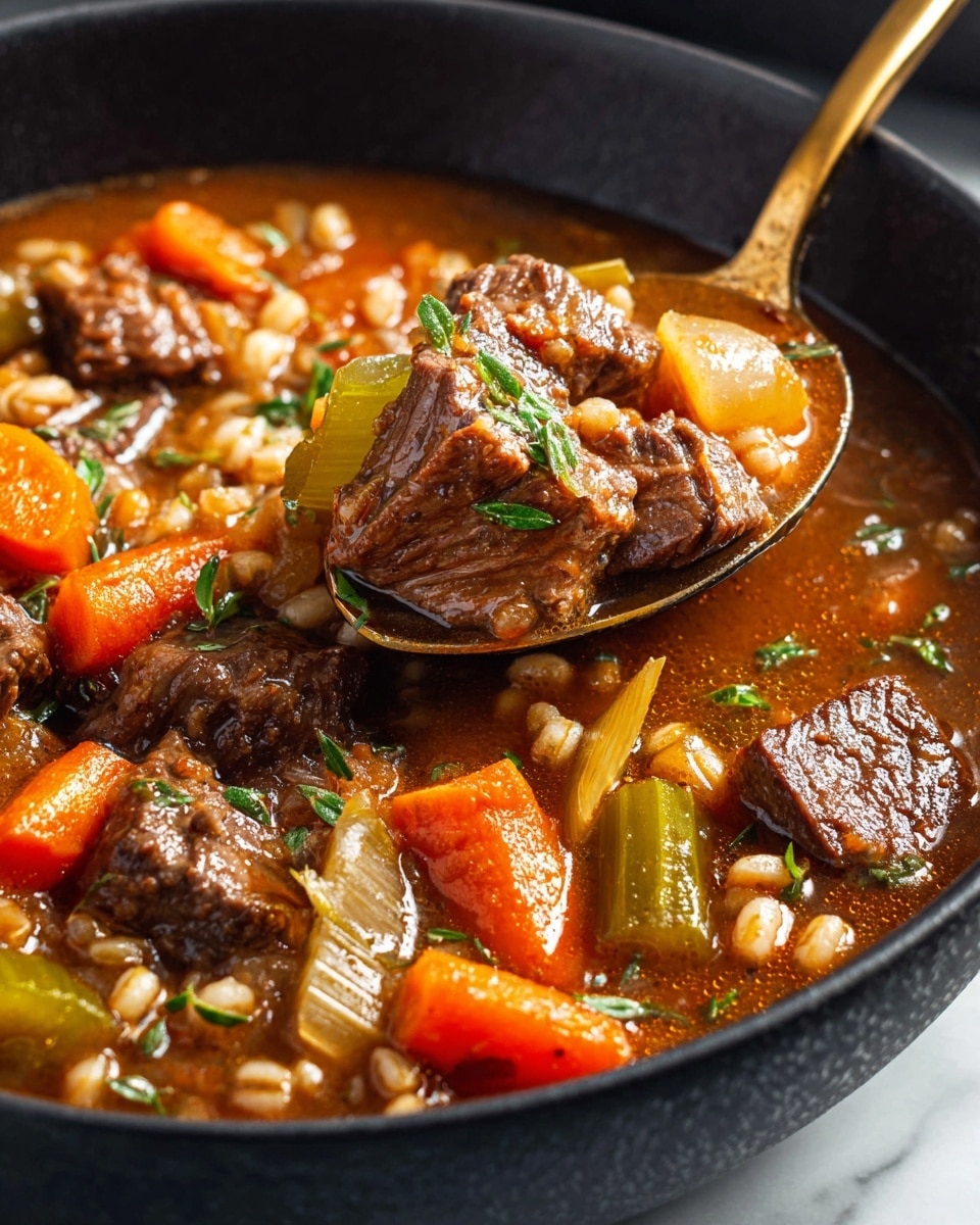 A close-up of a thick beef stew in a dark bowl placed on a white marbled surface, showing several layers with tender dark brown beef chunks, bright orange carrot slices, and green celery pieces all mixed in a rich reddish-brown broth with small bits of grains, garnished with tiny green herb pieces. A brass spoon holds some beef, carrot, celery, and broth just above the bowl. Photo taken with an iphone --ar 4:5 --v 7