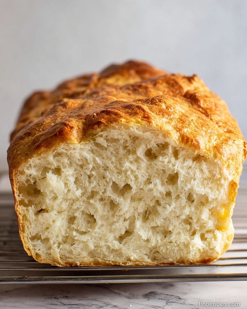 A close-up view of a freshly baked loaf of bread, showing its golden brown crust with a slightly rough and cracked texture on top, and a soft, airy, creamy off-white inside with visible small air pockets. The bread sits on a metal cooling rack, against a white marbled textured background. The loaf has a thick crust with uneven browning, highlighting its rustic, homemade look. photo taken with an iphone --ar 4:5 --v 7