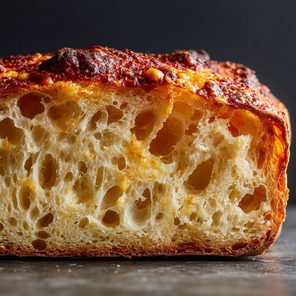 A close-up image of a thick slice of focaccia bread with a golden brown crust and a soft, airy interior full of large holes. The top layer is covered with a light spread of olive oil, sprinkled with coarse salt, small bits of red tomato, and herbs, giving it a slightly rough and uneven texture. The bread sits on a white marbled surface, with warm lighting highlighting the crispy edges and the soft, porous inside. photo taken with an iphone --ar 4:5 --v 7