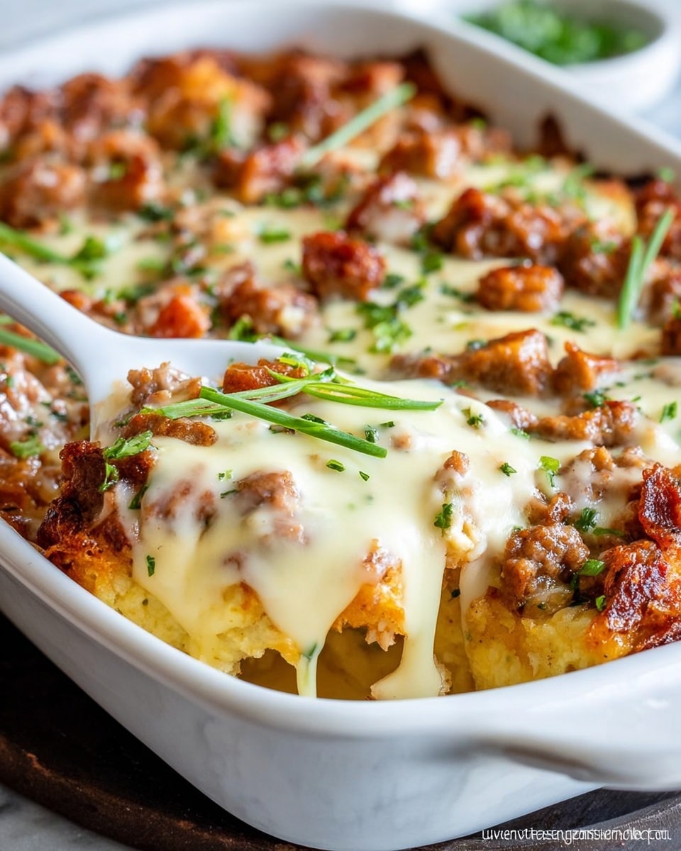 A close-up view of a white serving dish filled with a creamy baked dish featuring several layers: the bottom layer shows a golden-brown baked base with a slightly crispy texture, topped with chunks of browned meat scattered generously. Over this, there is a rich layer of melted white cheese sauce that drapes smoothly over the chunks and base. The dish is garnished with finely chopped green herbs sprinkled across the top, and longer green strips add a fresh touch in the center. The dish rests on a white marbled surface, and a white spoon is partially visible on the left side, slightly scooping a portion of the dish. photo taken with an iphone --ar 4:5 --v 7