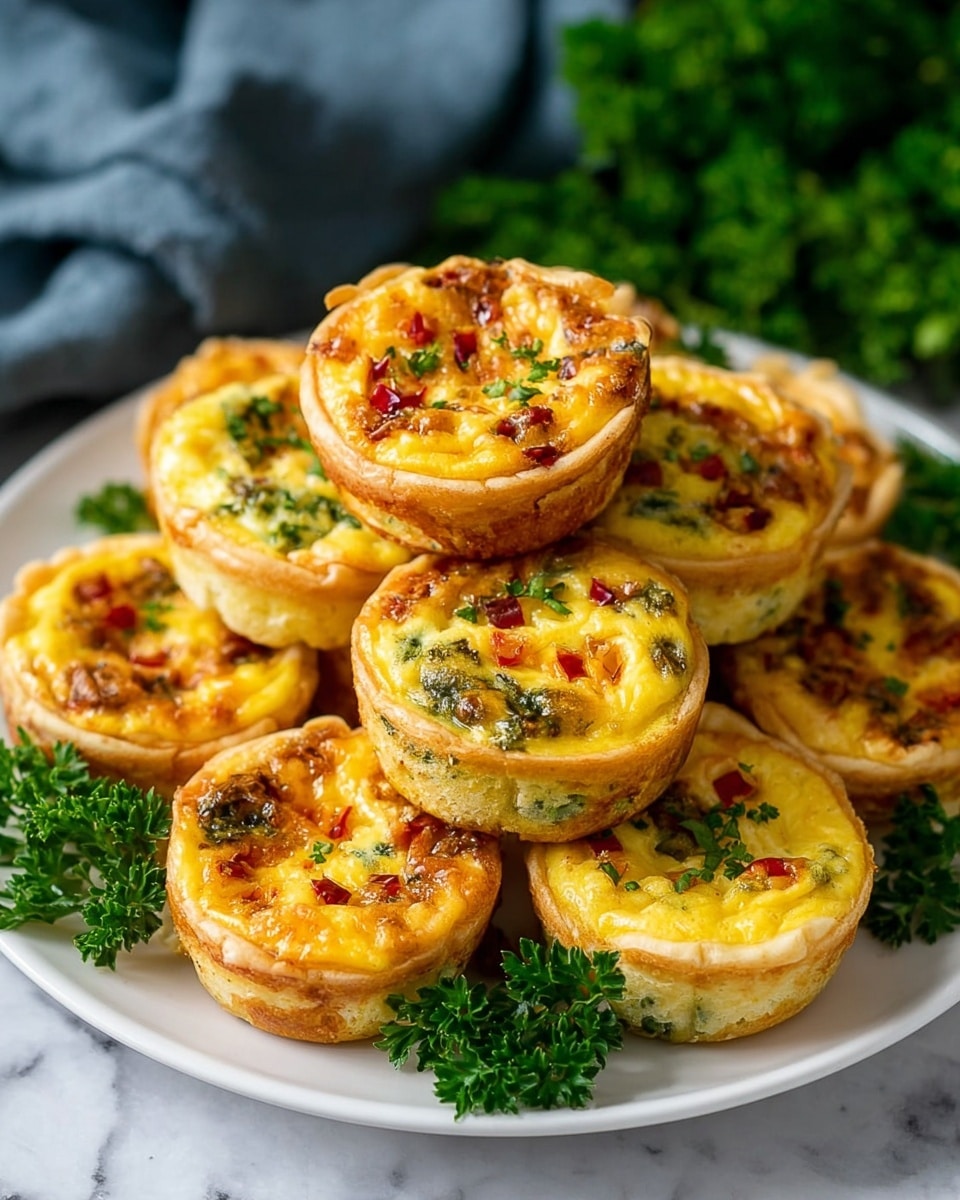 A white plate filled with about fifteen small tartlets arranged in a loose pile. Each tartlet has a golden-brown crust forming a thick, smooth base and edges. The filling layers are vibrant yellow egg custard mixed with bits of green herbs, small pieces of red pepper, and small chunks of brown bacon or meat evenly spread throughout. The surface of the filling looks slightly puffy and cooked with a soft, creamy texture. Some fresh green parsley is placed around the tartlets on the plate, which rests on a white marbled surface. photo taken with an iphone --ar 4:5 --v 7