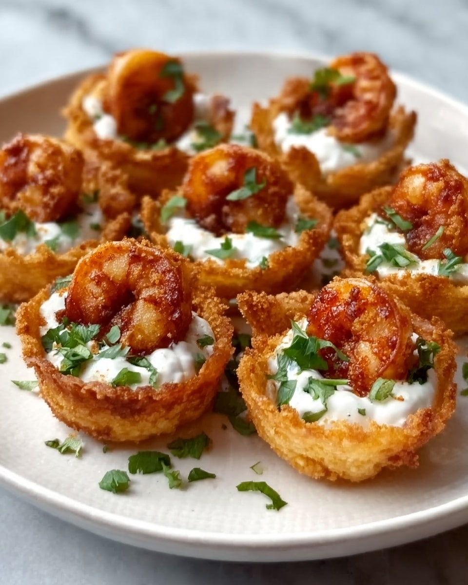 The image shows a white plate with six round, crispy golden brown taco shells arranged in a circle. Each shell is filled with a mixture of light brown cooked meat, topped with a drizzle of white sauce and small green herb pieces, likely cilantro. The texture of the meat looks slightly crumbly, and the taco shells have a crunchy appearance. The background surface is a white marbled texture, giving a clean and bright look. Photo taken with an iphone --ar 4:5 --v 7