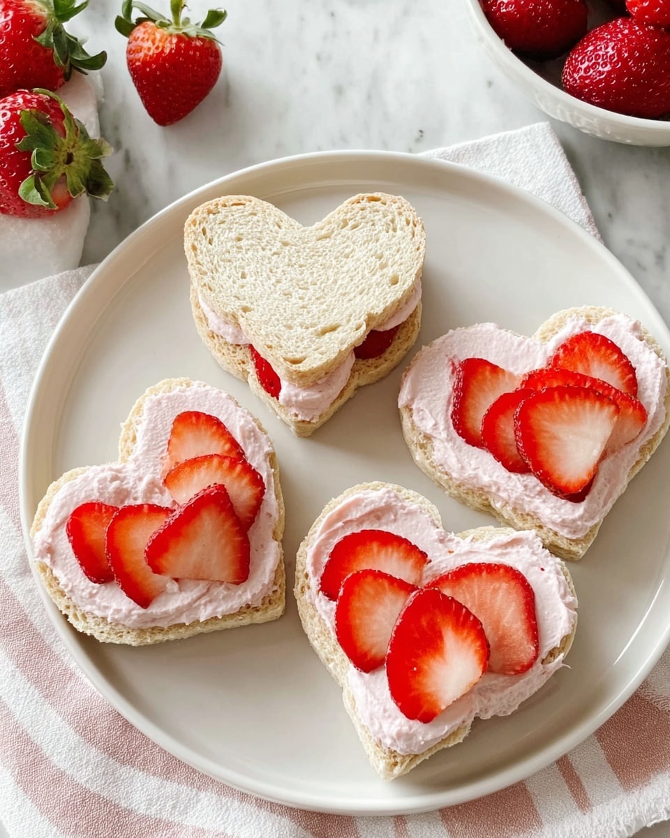 A white plate shows six heart-shaped sandwich pieces arranged on a white marbled surface. Three of the sandwiches are made of two layers of soft white bread with a middle layer of light pink cream and bright red sliced strawberries. The other three pieces are open-faced with a base layer of white bread, topped with a spread of pink cream and several strawberry slices arranged neatly on top. In the background, there is a bowl of fresh strawberries and a white tray with light pink treats. A white and pink striped cloth lies under the plate. Photo taken with an iphone --ar 4:5 --v 7
