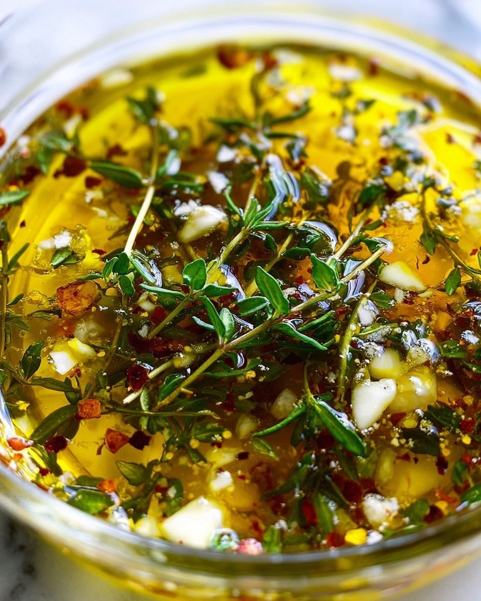 The image shows a close-up of a glass bowl filled with a bright golden-yellow liquid that appears to be olive oil. Floating in the oil are small chopped green herbs, white bits that look like minced garlic, and tiny red specks, possibly chili flakes. Near the center, several small sprigs of fresh green thyme rest on the surface, adding texture and a pop of color. The liquid looks shiny and slightly thick, with light reflecting off its glossy surface. The bowl is placed on a white marbled texture. photo taken with an iphone --ar 4:5 --v 7