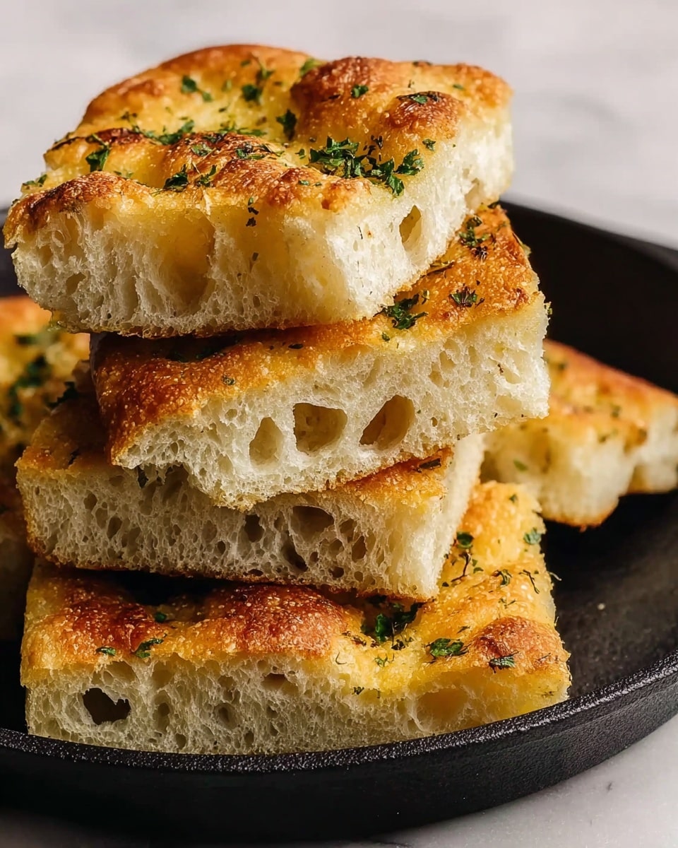 A close-up image of several pieces of focaccia bread stacked on a black cast iron pan, placed on a white marbled surface. The focaccia bread has a golden-brown crust with a slightly crispy texture and small raised bubbles. Each piece shows a thick, airy, and soft white interior with noticeable air pockets. The top layer is sprinkled with fresh green herbs and garlic bits, giving a bright contrast to the golden crust. The pieces are casually stacked, with the top piece sitting slightly askew, showing the fluffy texture inside clearly. photo taken with an iphone --ar 4:5 --v 7