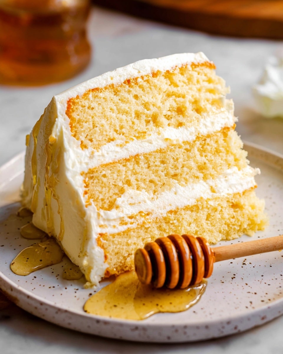 A close-up of a three-layer yellow cake slice with light cream frosting between each layer and on the outside, with a soft, fluffy texture. The cake sits on a white plate with a small puddle of honey and a wooden honey dipper resting beside it, also coated with honey. The background is a white marbled texture. photo taken with an iphone --ar 4:5 --v 7