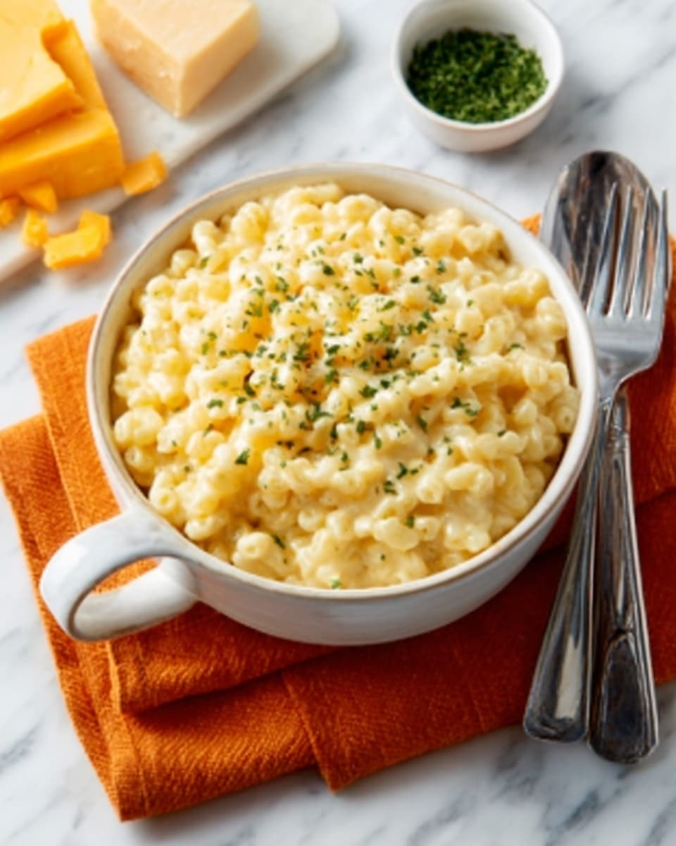 A creamy macaroni and cheese dish served in a small white bowl with two handles, showing a smooth and slightly gooey texture with melted cheese topping sprinkled with small green herbs; the bowl is placed on an orange cloth napkin, sitting on a white marbled surface, next to a silver spoon and fork. photo taken with an iphone --ar 4:5 --v 7