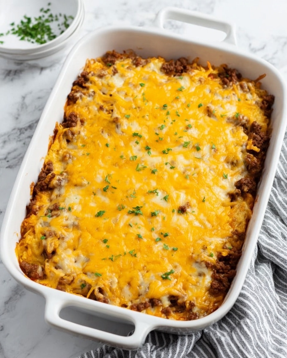 A white rectangular baking dish filled with a layered casserole, topped with a thick, melted layer of golden yellow cheddar cheese sprinkled lightly with small green herbs. Below the cheese is a mix of ground beef and finely shredded cheese, visible at the edges, showing a textured brown and white layer. The casserole sits on a white plate on a white marbled surface, with a white and gray striped cloth partially under the plate. Photo taken with an iphone --ar 4:5 --v 7