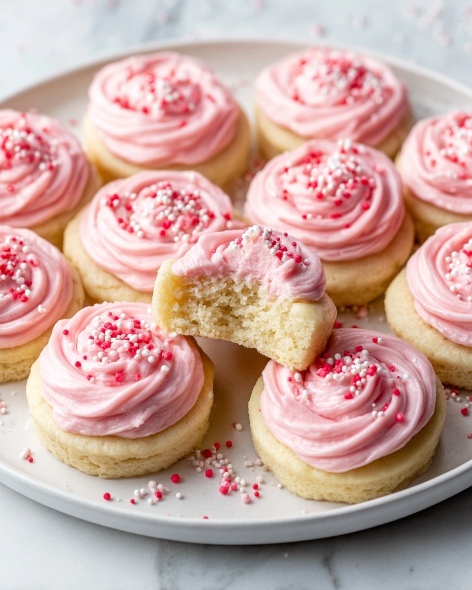 A white plate filled with a group of small round yellow cupcakes, each topped with a smooth, thick layer of light pink frosting swirled in a circular motion. On top of the frosting are small white and red sprinkle pieces scattered evenly. One cupcake is missing a bite, showing the soft yellow cake inside. The plate sits on a white marbled surface with some sprinkles scattered around it. Photo taken with an iphone --ar 4:5 --v 7