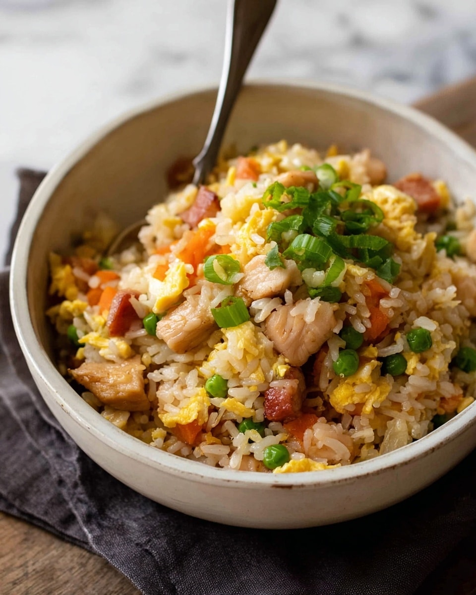 A close-up view of a bowl filled with fried rice, showing multiple layers of ingredients. The base layer consists of white and slightly brown fried rice mixed with small pieces of scrambled eggs. On top, there are evenly scattered bright green peas, chopped orange carrots, and small chunks of light brown cooked chicken. Sprinkled on the top layer are fresh, thinly sliced green onions adding a pop of green color. The bowl is white with a speckled texture, placed on a dark cloth, with a spoon partially visible inside the bowl. The background is a soft white marbled surface. photo taken with an iphone --ar 4:5 --v 7