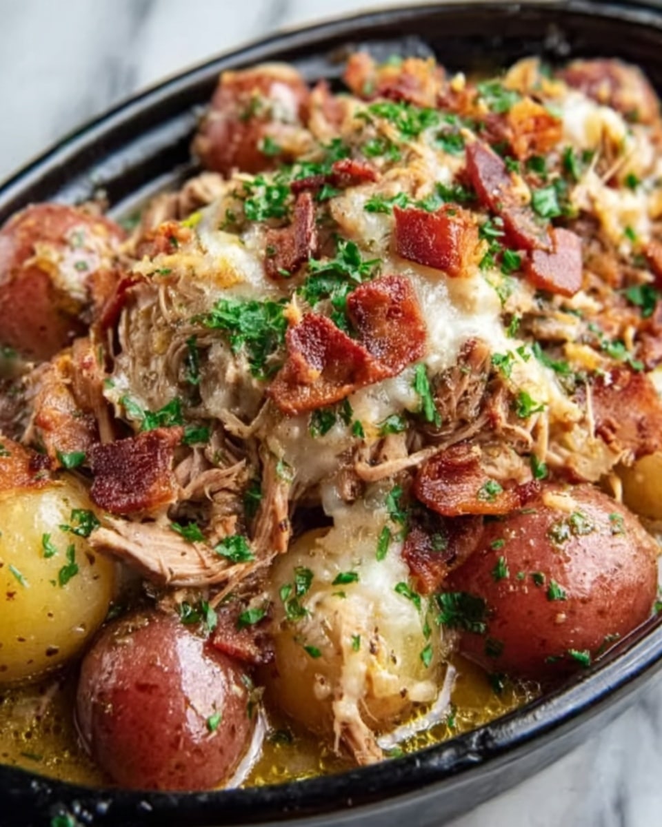 The image shows a close-up of a dish with shredded pulled meat layered on top of small red potatoes. The meat is light brown and looks moist with some crispy bits. The potatoes underneath have a red and yellow skin, smooth in texture, and partly covered by the meat. There are small green herb pieces sprinkled evenly on top, adding a touch of color. The dish sits on a white marbled surface. Photo taken with an iphone --ar 4:5 --v 7