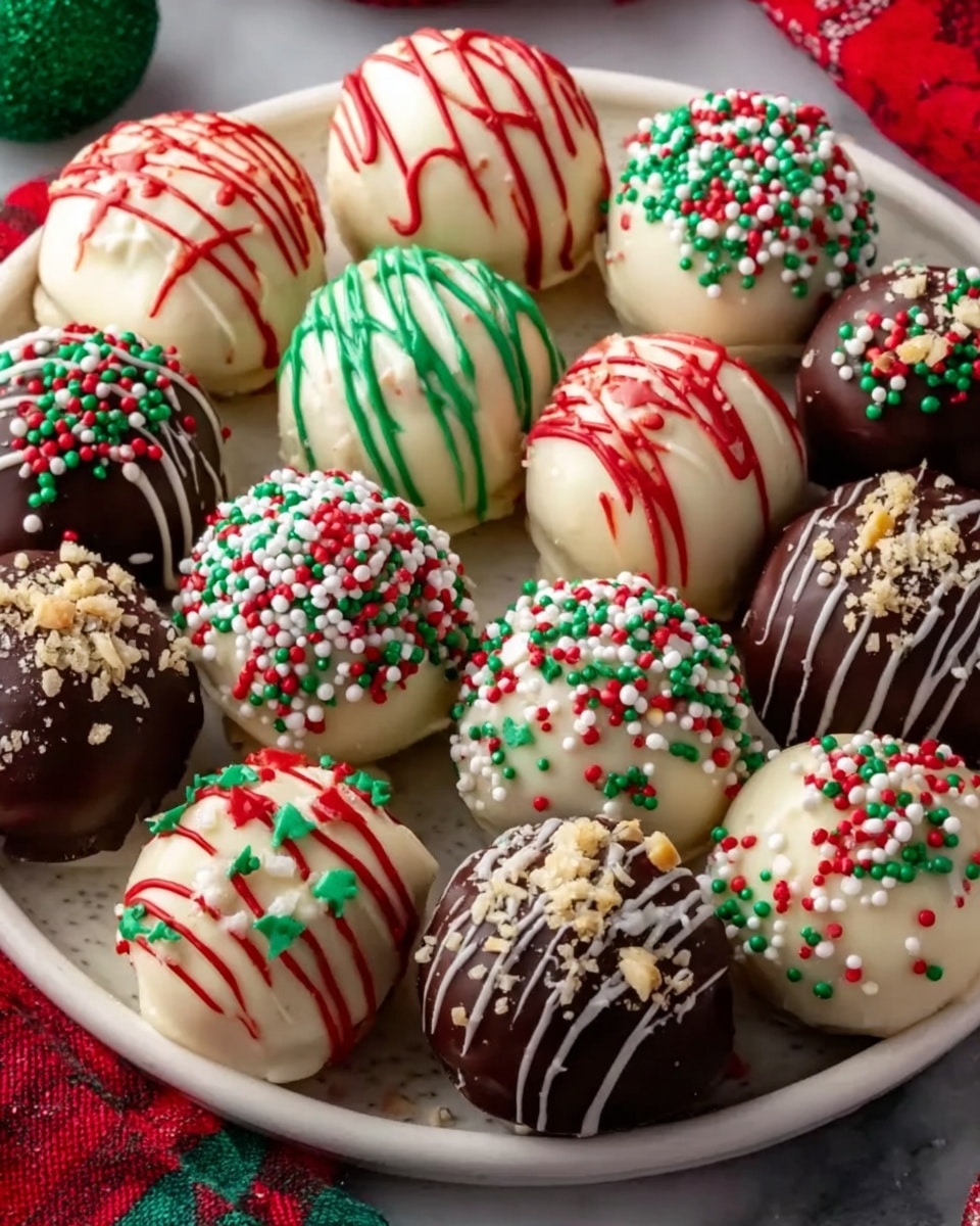 A white plate filled with fourteen round truffles of different decorations arranged close together. Some truffles have a smooth dark chocolate coating with red and green thin stripes drizzled on top. Other truffles are coated with smooth white chocolate, decorated with red and green drizzled lines or covered in small red, green, and white round sprinkles. A few truffles are covered with chopped nuts or small crushed candy pieces, providing texture contrast. The plate sits on a white marbled surface with a few scattered sprinkles around it. The overall look is festive, colorful, and inviting. photo taken with an iphone --ar 4:5 --v 7