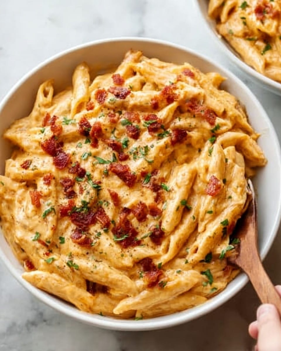 A white bowl filled with creamy macaroni and cheese, showing one layer of cooked pasta covered in a thick, bright orange cheese sauce. Crispy small bacon bits in dark red and brown colors are sprinkled evenly over the top, adding texture and contrast. Some small green herb pieces are lightly scattered, adding a fresh look. A wooden spoon held by a woman's hand is dipping into the dish on the right side. The bowl is placed on a white marbled surface. photo taken with an iphone --ar 4:5 --v 7