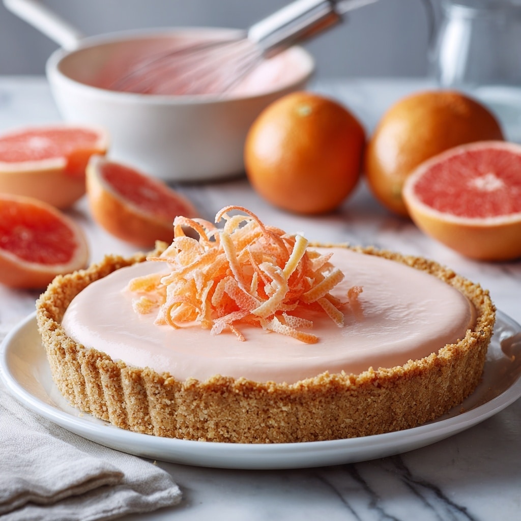 A tart sits on a white plate over a white marbled surface, showing three clear layers: a golden brown crumbly crust at the bottom, a smooth, shiny pale pink grapefruit curd filling in the middle, and delicate curled grapefruit peels in orange and white on top as decoration. Around the tart are halved and whole fresh grapefruits with bright orange and pink flesh and yellow skin. In the background, there is a stainless steel saucepan filled with thick pink curd being stirred by a whisk, the saucepan rests on a white marbled surface. The scene is lit softly, making the textures and colors stand out vividly. Photo taken with an iphone --ar 4:5 --v 7