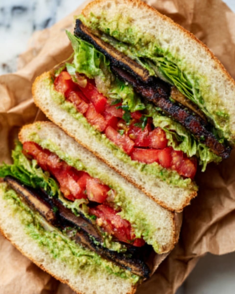 The image shows a sandwich cut in half, placed on brown paper over a white marbled surface. Each sandwich half has several layers: the bottom layer is a soft, light beige bread roll with a fluffy texture, topped with a thick spread of greenish, chunky avocado. Above that, there are slices of red tomato with wet, juicy texture and small chunks of green pickles evenly spread. On top of the vegetables is a layer of dark brown, slightly charred grilled patty or veggie slices, adding a crispy texture. The other half of the sandwich also shows fresh green lettuce leaves with a crinkled texture, placed right above the bread. The sandwich halves are stacked so the colorful layers are visible. photo taken with an iphone --ar 4:5 --v 7