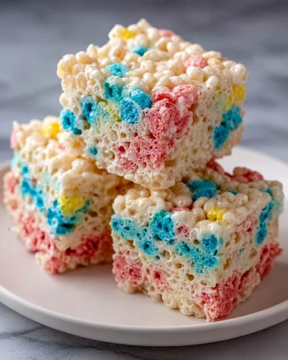 The image shows three square rice cereal treats stacked on a white plate. Each treat has multiple layers with a light beige base made of crispy rice cereal mixed with a sticky marshmallow coating. Inside the treats, colorful pieces in pink, blue, yellow, and green are spread evenly, giving a playful look. The treats have a slightly rough texture from the cereal and a soft, chewy appearance. The plate sits on a white marbled surface. photo taken with an iphone --ar 4:5 --v 7