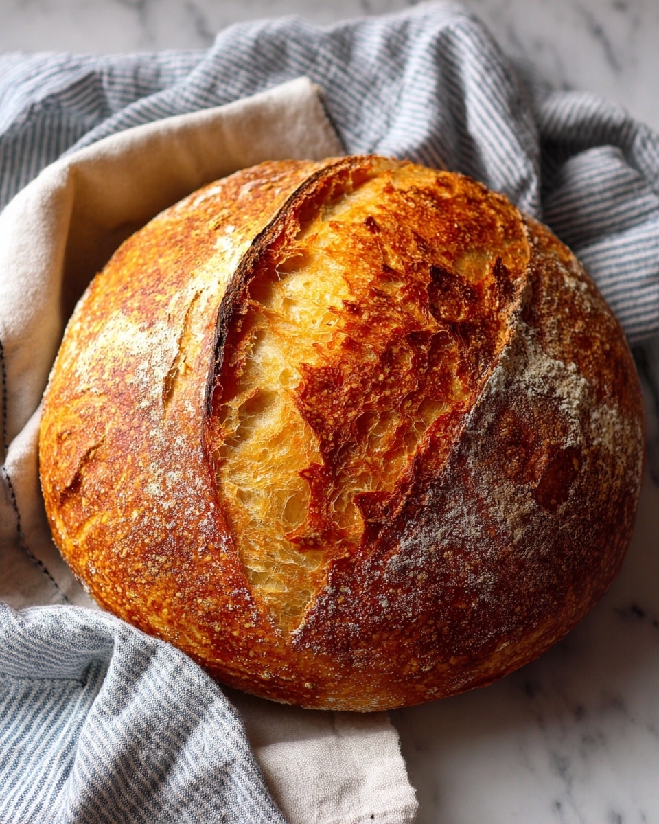 A round loaf of bread with a golden brown crust that has deep cracks and darker browned patches on top, showing its crunchy texture. The bread sits on crumpled parchment paper with a creamy beige tone, resting on a wooden board partly visible beneath. To the side is a soft, folded light blue and white textured cloth, all placed on a smooth white marbled surface. The lighting highlights the bread’s rustic and warm appearance. photo taken with an iphone --ar 4:5 --v 7