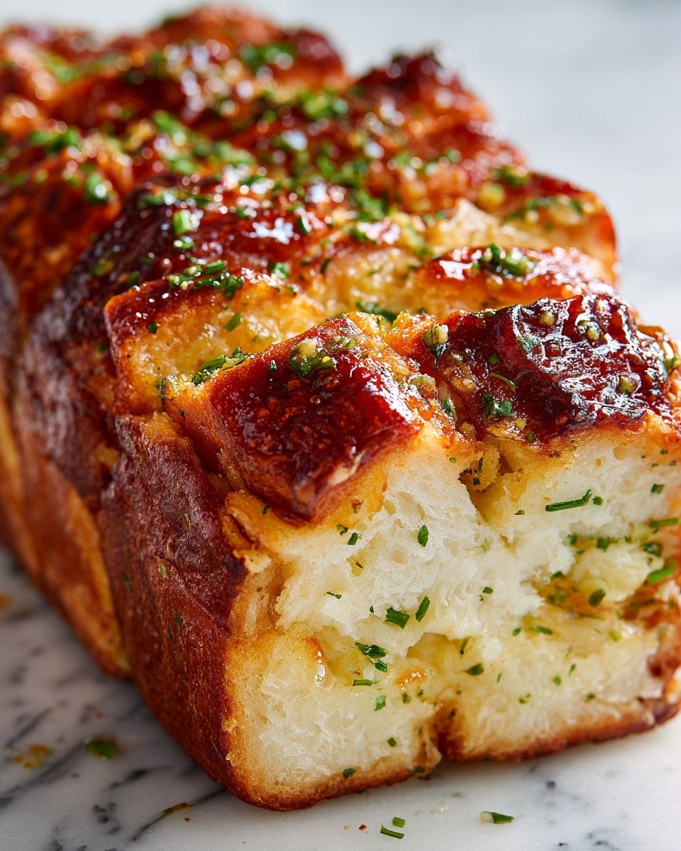 A close-up view of a baked pull-apart bread with three visible layers. The top layer is golden brown and crispy with a shiny, slightly glazed texture sprinkled with green herbs. The middle layer is soft and light yellow, showing a fluffy texture with small green herb bits evenly spread inside. The bottom layer is a soft dough that supports the bread, showing a slight crispiness on the edges. The bread is torn open slightly to show the soft inside contrasting with the crispy outside. The background is a white marbled texture. Photo taken with an iphone --ar 4:5 --v 7