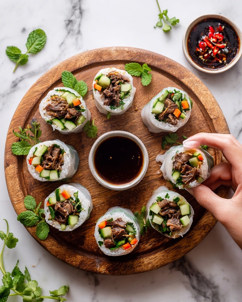 The image shows eight fresh spring rolls cut in half, arranged on a wooden board with a white marbled background. Each roll has a translucent rice paper skin, revealing layers inside: a mix of brown cooked ground meat, green chopped cucumbers, and fresh herbs. The rolls are stacked in two rows, with some pieces standing upright and others lying down to show the layers inside. Around the board, there are small white dishes with soy sauce and chili sauce for dipping. A woman's hand is reaching toward one of the rolls. photo taken with an iphone --ar 4:5 --v 7