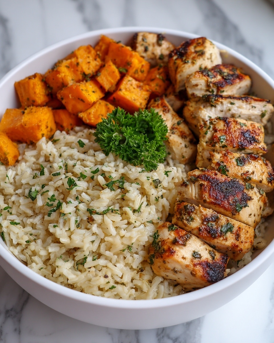 A white bowl with three main layers: the bottom layer is a bed of fluffy white rice mixed with finely chopped herbs, covering about half of the bowl; next to the rice, there are chunks of roasted orange sweet potatoes with a caramelized texture and slightly shiny surface; on top of the rice and sweet potatoes, there are several pieces of grilled chicken with a golden-brown, slightly charred skin, showing grill marks and sprinkled with fresh green herbs. A small green parsley sprig is placed in the center as garnish. The bowl rests on a white marbled surface. Photo taken with an iphone --ar 4:5 --v 7