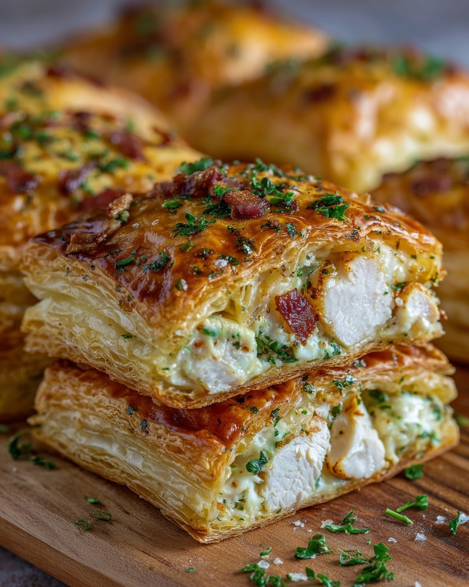 A close-up view of a golden puff pastry cut into rectangular pieces, showing three layers of flaky, crispy pastry with a shiny, slightly browned top sprinkled with green herbs and small bits of crispy bacon. Inside, there is a creamy white filling with visible chunks of tender white chicken and green herb flecks, giving a moist and rich texture. The pastry is resting on a wooden surface with a soft focus on more pieces in the background, creating a warm and appetizing scene. photo taken with an iphone --ar 4:5 --v 7