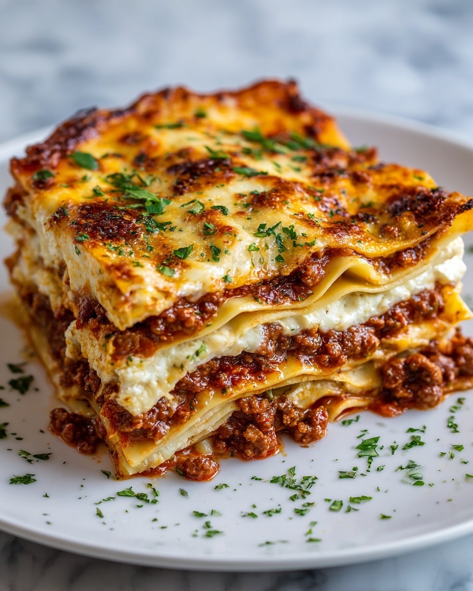 A thick piece of lasagna sits on a plain white plate, showing four clear layers of wide, flat pasta sheets with a golden edge. Between each layer, there is a rich, chunky meat sauce that is deep red and brown, full of ground meat and tomato. A creamy white cheese layer is spread thickly on top and between the pasta sheets, slightly melted and golden browned in some places. Small green chopped herbs are sprinkled on top and around the plate for a fresh touch. The plate sits on a white marbled surface with soft lighting that highlights the textures of the lasagna. photo taken with an iphone --ar 4:5 --v 7
