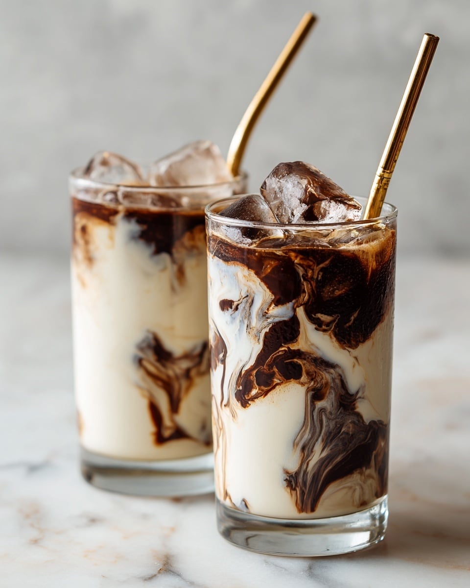 Two clear glasses are filled with a creamy white liquid mixed with dark brown swirls of chocolate syrup, creating a marbled pattern inside each glass. Large ice cubes float on top of the drink, adding a glossy texture and slight transparency. Each glass has a metallic gold straw inserted vertically, standing out against the drink's colors. The glasses sit on a white marbled surface with light brown veins running through it, complementing the colors of the drinks. photo taken with an iphone --ar 4:5 --v 7