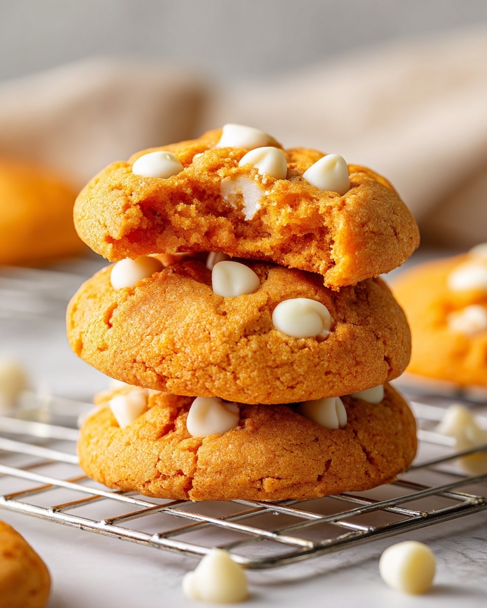 A stack of three bright orange cookies with white chips is shown on a metal cooling rack. The top cookie has a bite taken out of it, revealing a soft and moist orange interior with melted white chips inside. The cookie surfaces have a slightly cracked texture, showing a chewy and tender consistency. Additional white chips are scattered around the rack, adding contrast to the orange cookie color. The background features a white marbled texture. photo taken with an iphone --ar 4:5 --v 7