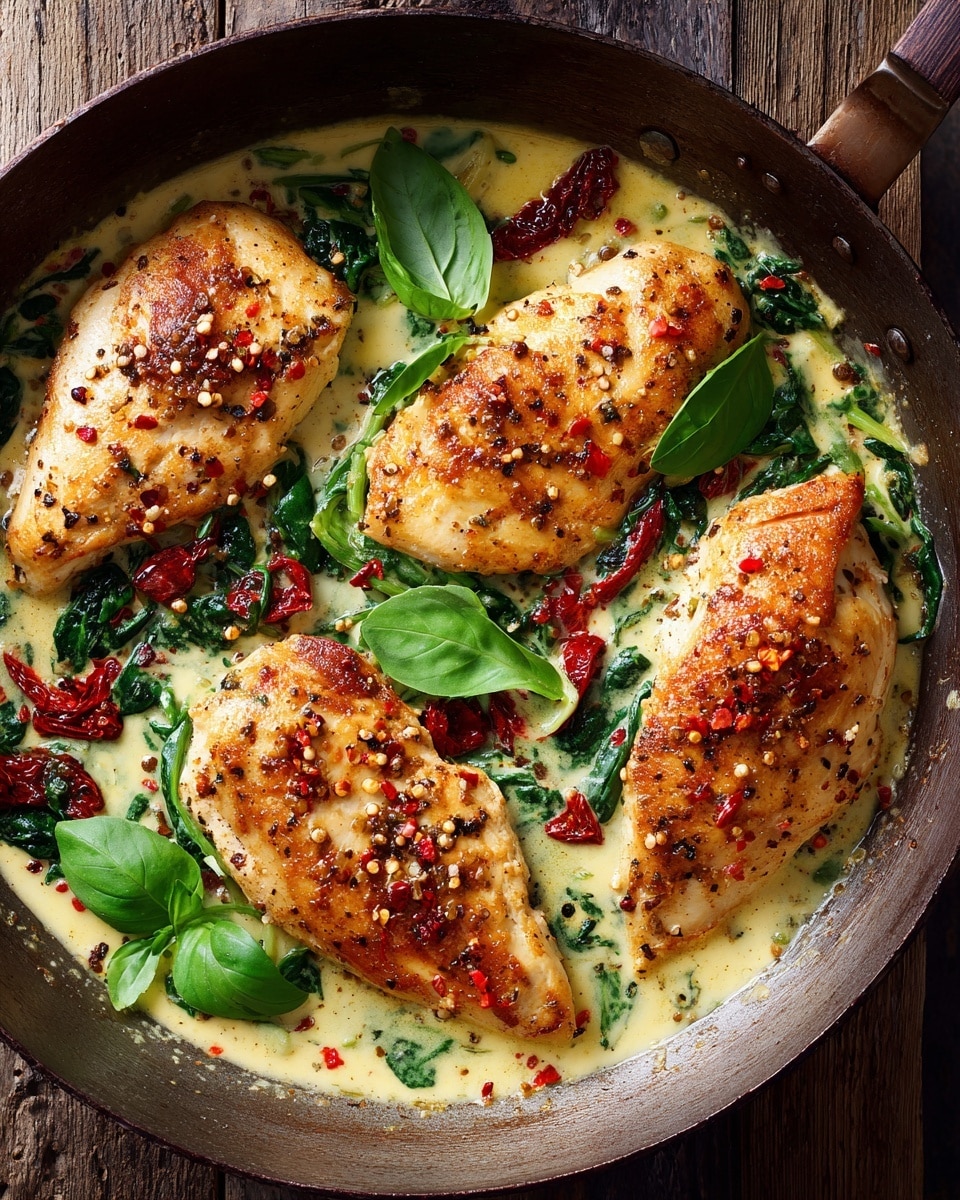 In a metal pan, there are four cooked chicken breasts with a golden-brown, slightly crispy surface, seasoned with black pepper and herbs. They are placed on a creamy, pale yellow sauce with bits of cooked green spinach evenly spread around the pan. Sun-dried tomatoes, dark red and shriveled, are scattered between the chicken pieces. Fresh green basil leaves are placed on top and around the chicken, adding a touch of color. The pan is on a white marbled surface. photo taken with an iphone --ar 4:5 --v 7