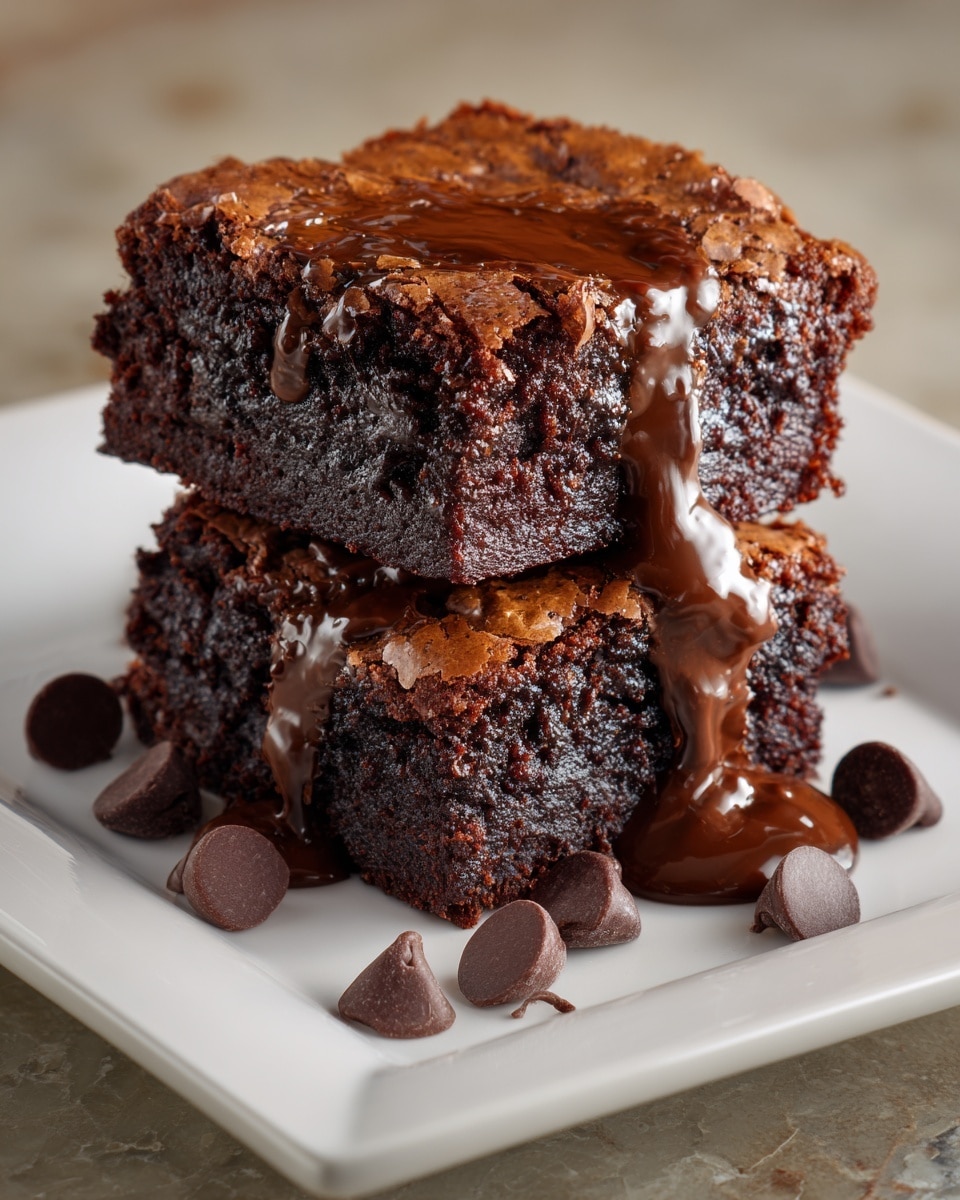 Two thick, dark brown brownies are stacked on a white plate, with the top brownie slightly tilted. The brownies have a cracked, slightly crispy crust on top and a moist, dense texture inside. Melted chocolate gently drips down the sides of the top brownie, pooling a little on the plate below. Scattered around the brownies on the plate are several small, rounded chocolate chips. The plate sits on a white marbled surface. photo taken with an iphone --ar 4:5 --v 7