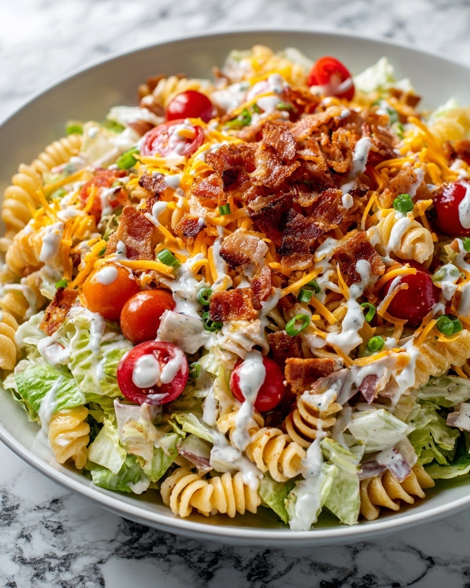 This image shows a white plate filled with a pasta salad that has three main layers. At the bottom, there is a bed of green lettuce leaves spread evenly. On top of the lettuce, there is a thick layer of twisted rotini pasta, light beige in color, mixed with halved bright red cherry tomatoes. Scattered over the pasta and vegetables are orange shredded cheddar cheese pieces and crispy bits of browned bacon. The whole dish is drizzled generously with white creamy dressing, which adds a smooth texture and some black pepper specks on top. The plate sits on a white marbled surface. Photo taken with an iphone --ar 4:5 --v 7