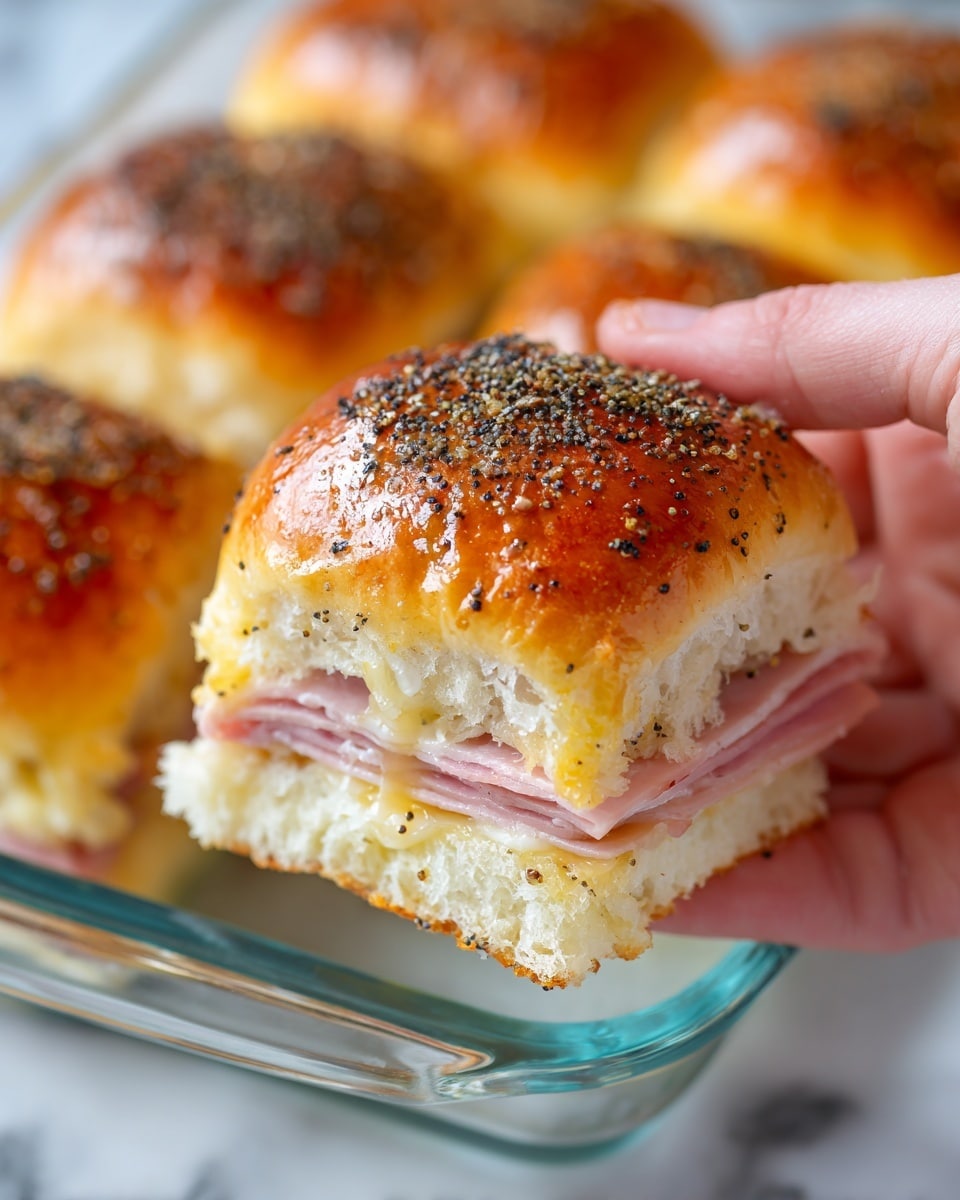 A close-up image shows a small sandwich slider held by a woman's hand. The slider has three visible layers: the shiny top bun sprinkled with black poppy seeds, a middle thin layer of melted light yellow cheese, and a folded slice of pink ham in the center. The bottom bun is soft and pale yellow, forming the last layer. In the background, more sliders in a glass baking dish sit on a white marbled surface, slightly blurred. Photo taken with an iphone --ar 4:5 --v 7
