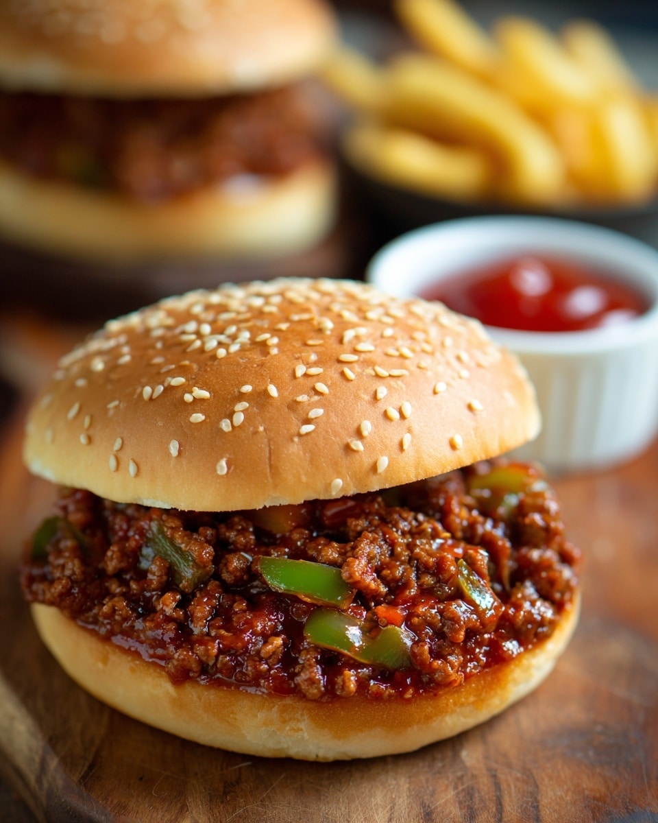 A close-up of a sandwich with a soft, light brown sesame seed bun that has a slightly shiny texture on top, holding a thick layer of saucy minced beef mixed with small bits of green bell peppers and onions, giving it a rich, dark reddish-brown color with a glossy sheen. The sandwich is placed on a wooden surface with a slightly warm tone, and in the blurred background, another similar sandwich and a white bowl filled with bright red ketchup can be seen alongside golden yellow French fries. The overall scene has a bright and warm feel highlighted by natural light. Photo taken with an iphone --ar 4:5 --v 7